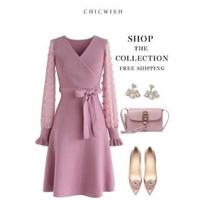 Chicwish Wrap Knit Dress Blush Pink Long Sleeve Dot Mesh‎ Sleeve Fit & Flare M